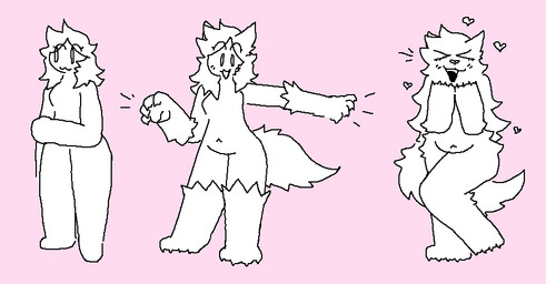 :3 >w< anthro belly female hair happy heart_nose heart_symbol human_to_anthro long_hair nude open_:3 pink_background simple_background smile solo species_transformation three_frame_sequence transformation transformation_sequence bigsteppies canid human mammal sequence