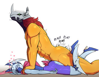 ambiguous_penetration anthro armor bodily_fluids clothing duo female footwear from_behind_position green_eyes hair headgear heart_symbol helmet high_heels horn interspecies male male/female muscular muscular_male nude penetration prone_bone_position purple_eyes red_hair scales sex shoes simple_background sweat sweatdrop text yellow_body yellow_scales digitalkaiju bandai_namco digimon mythology dianamon digimon_(species) dragon humanoid mythological_creature mythological_scalie scalie wargreymon english_text hi_res