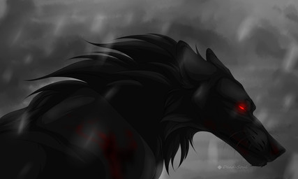 ambiguous_gender black_body black_fur black_nose blood_on_shoulder cheek_tuft facial_tuft feral fur glowing glowing_eyes mouth_closed neck_tuft red_eyes side_view solo tuft whiskers msdeadsoul canid canine mammal 5:3 absurd_res hi_res signature