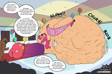 anthro ball_vore balloon balls big_balls big_penis cock_vore cock_vore_invitation dialogue fur genitals huge_balls huge_penis hyper hyper_balls hyper_genitalia hyper_penis inflatable male party penile penis pink_body pink_fur purple_nose solo speech_bubble text vore thewilldpink jeffrey_taggart hyena mammal 3:2 english_text