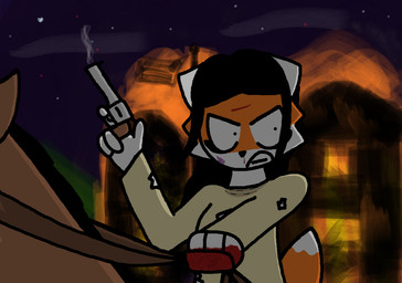 angry anthro black_hair blood blood_on_hand bodily_fluids bruised clothing dark destruction female fire fur gun hair handgun long_hair native_american native_american_clothing night nosebleed orange_body orange_fur pistol ranged_weapon revenge scratch_mark smoke solo torn_clothing village weapon white_body white_fur adiaz canid canine equid equine fox horse mammal