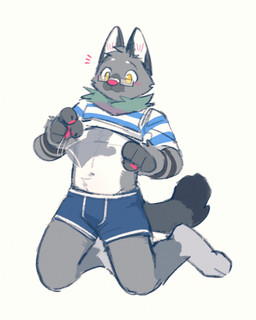 anthro black_body black_fur blue_bottomwear blue_clothing blue_topwear blue_underwear bottomwear clothed clothing countershade_fur countershade_torso countershading duo front_view fur glistening glistening_eyes grey_body grey_fur head_tuft kneeling leg_markings male markings navel pattern_clothing pattern_topwear simple_background socks_(marking) solo_focus striped_clothing striped_topwear stripes topwear tuft underwear unsigned white_background white_body white_clothing white_countershading white_fur white_topwear yellow_eyes asnnonaka harley_(asnnonaka) canid canine canis domestic_dog mammal 4:5 digital_media_(artwork) hi_res