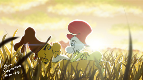 admiring anthro brown_clothing brown_hat brown_headwear clothing duo fluffy fur grass_field hand_on_back hat headgear headwear laying_on_top love male male/male red_clothing red_hat red_headwear relaxing romantic romantic_couple size_difference smile sunset tailless white_body white_fur yellow_body yellow_fur sean_serpentine dr._seuss green_eggs_and_ham guy-am-i sam-i-am humanoid 16:9 4k absurd_res hi_res widescreen