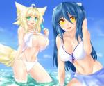 big_breasts bikini blonde_hair blue_hair blush breasts cleavage clothed clothing day detailed_background duo eyelashes female food green_eyes hair hand_behind_back hand_behind_head holding_object huge_breasts legs_in_water long_hair looking_at_viewer navel open_mouth outside partially_submerged popsicle short_hair skimpy sky submerged_legs swimwear two-piece_swimsuit under_boob water wet yellow_eyes tenna1869 animal_humanoid cat_humanoid felid felid_humanoid feline feline_humanoid human humanoid mammal mammal_humanoid 2016 absurd_res hi_res