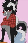 anthro black_body black_fur breasts clothed clothing female fur grey_body grey_fur hair looking_at_viewer machine red_eyes shirt simple_background smile solo topwear under_boob sa-chat shirt_cut_meme enigma_(enigm-art) animatronic canid canine canis domestic_dog hybrid mammal robot wolf 2021 digital_media_(artwork) hi_res meme