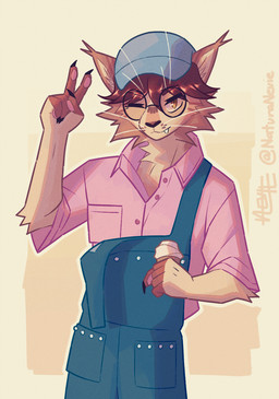 5_fingers anthro black_claws black_nose brown_eyes brown_fingers brown_hair claws clothed clothing dessert eyewear fingers food gesture glasses hair hand_gesture holding_object ice_cream ice_cream_cone inner_ear_fluff looking_at_viewer male overalls pawpads pink_pawpads shirt simple_background solo standing tan_background tan_inner_ear_fluff topwear tuft v_sign whiskers naturanevie felid feline lynx mammal hi_res shaded