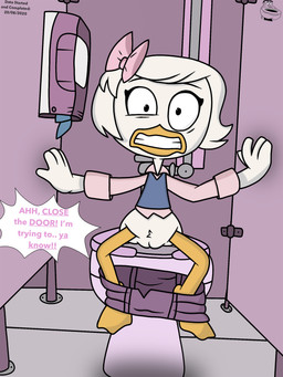 anthro bathroom bottomwear bottomwear_down clothing crotch_tuft dialogue female genitals looking_at_viewer pooping pooping_in_toilet pubes public_restroom restroom_stall sitting sitting_on_toilet skirt_down solo surprised toilet toilet_paper toilet_use tuft vulva walk-in yelling_at_viewer young young_female thedispenser69 disney ducktales webby_vanderquack anatid anseriform avian bird duck 3:4 hi_res