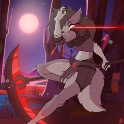 anthro armor breasts claws fantasy female fluffy forest glowing glowing_eyes lyra_(kariwolf197) markings melee_weapon night plant polearm scythe snarling solo tail tree warrior weapon kariwolf197 canid canine canis mammal wolf 1:1 cel_shading hi_res shaded