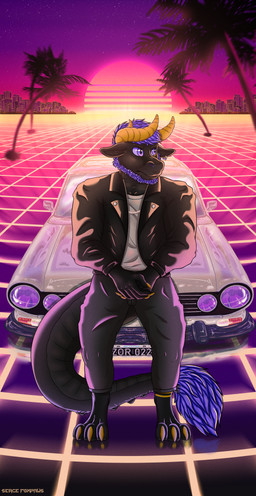 anthro barefoot beard black_body blue_beard blue_eyes blue_facial_hair blue_hair bottomwear car chain_necklace city claws clothing curved_horn ear_piercing ear_ring facial_hair feet front_view hair high-angle_view horn jacket jewelry leather leather_clothing leather_jacket leather_topwear male necklace palm_tree pants piercing plant ring_piercing shirt solo standing street sun sunset synthwave tail topwear tree vehicle yellow_claws sergefoxpaws mythology bovid bovine cattle dragon mammal mythological_creature mythological_scalie scalie absurd_res digital_media_(artwork) full-length_portrait hi_res portrait signature wallpaper
