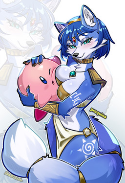5_fingers anthro biped blue_body blue_eyes blue_fur blue_hair blue_tail blush breasts claws clothed clothed_anthro clothed_female clothing countershade_torso countershading duo female finger_claws fingers fur hair handpaw jewelry looking_at_viewer necklace paws smile tail praquina kirby_(series) nintendo star_fox kirby krystal_(star_fox) canid canine fox mammal 2025 absurd_res digital_drawing_(artwork) digital_media_(artwork) hi_res