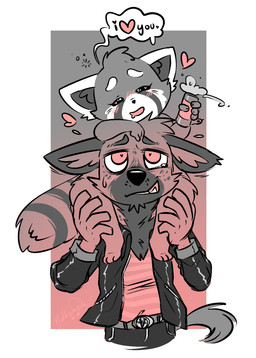 alcohol anthro barefoot belt belt_buckle beverage black_eyes black_nose blush bodily_fluids border bottomwear buckle carrying_another cheek_tuft chest_tuft clothed clothing daww drunk duo facial_tuft feet female fluffy fluffy_tail fur gradient_background grey_background grey_body grey_fur hair heart_eyes heart_symbol holding_beverage holding_object inner_ear_fluff jacket larger_male leather leather_clothing leather_jacket leather_topwear male male/female markings multicolored_body multicolored_fur open_mouth open_smile pants paws pink_background pink_body pink_eyes pink_fur romantic romantic_couple sharp_teeth shirt short_hair simple_background size_difference slim smaller_female smile snout spots spotted_body spotted_fur substance_intoxication sweat tail teeth topwear tuft white_border milkomeda-galaxy_(artist) aggretsuko sanrio haida_(aggretsuko) retsuko ailurid hyena mammal red_panda spotted_hyena hi_res signature