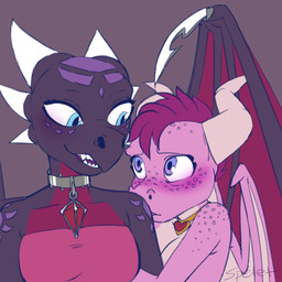 accessory anthro black_body blue_eyes blush breasts choker cleavage clothed clothing collar duo embarrassed eye_contact female female/female hair heart_symbol holding_arm horn jewelry looking_at_another membrane_(anatomy) membranous_wings necklace nude pink_body pink_hair pink_scales scales short_hair smile teeth topless topless_female topwear wings spet activision mythology spyro_the_dragon cynder ember_(spyro) dragon mythological_creature mythological_scalie scalie 1:1 2015