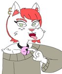 anthro bell bell_collar clothing collar ear_piercing ear_ring female freckles fur green_eyes hair looking_at_viewer piercing red_hair ring_piercing solo sweater tongue tongue_out topwear white_body white_fur young drawfag 1500chan evelyn_(1500chan) felid feline mammal