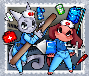 anthro bandage boy_princess_(artist) clothing duo eyedrops female head_nurse_(animal_hospital) heart_symbol hospital injection iv_drip looking_at_viewer medicine medkit nurse_clothing syringe thermos uniform animal_hospital roblox nurse_(animal_hospital) canid canine canis domestic_cat domestic_dog felid feline felis mammal hi_res