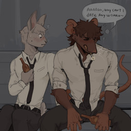 alcohol anthro beer beverage cigarette co-worker dialogue duo male male/male outside tail text plaguerat bill_(plaguerat) daniel_(plaguerat) lagomorph leporid mammal murid murine rabbit rat rodent 1:1 absurd_res english_text hi_res