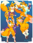 absurd_res anthro bandai_namco black_sclera blue_eyes breasts butt canid canine canis claws clothing digimon digimon_(species) digital_media_(artwork) female fox fur group hi_res mammal nipples nude renamon simple_background tail virushunter white_body white_fur yellow_body yellow_fur