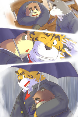 anthro black_nose blush brown_body brown_fur classroom duo fur hug humanoid_hands kemono male male/male one_eye_closed outside overweight overweight_male raining school sitting umbrella wink yellow_body yellow_fur chuuta_(pixiv) canid canine canis domestic_dog felid mammal pantherine raccoon_dog tanuki tiger 2010 2:3 comic