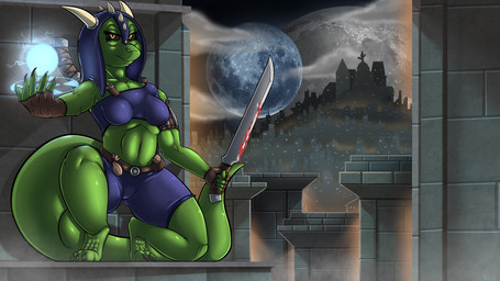 assassin black_sclera blood bodily_fluids breasts butt butt_from_the_front clothing cloud crouching curvy_figure detailed_background fantasy female fingerless_gloves fog gloves glowing green_body green_skin handwear horn kneeling lights looking_at_viewer magic magic_user melee_weapon midriff moon non-mammal_breasts pose solo sword tail thick_tail thick_thighs tight_clothing voluptuous weapon yellow_eyes devilbluedragon mythology syssandre_amathela_(character) dragon mythological_creature mythological_scalie scalie digital_media_(artwork) hi_res