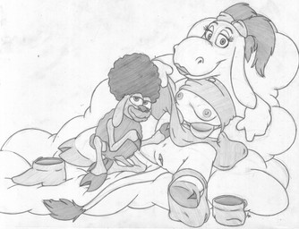 afro anthro bottomwear breasts clothed clothing clothing_lift duo eyelashes female genitals looking_at_viewer male male/female nipples penis pigtails skirt skirt_lift small_breasts vulva mizzyam black_sheep_(holly_dolly) holly_dolly_(character) asinus bovid caprine donkey equid equine mammal sheep black_and_white monochrome traditional_media_(artwork)