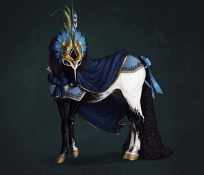 accessory ambiguous_gender black_body black_fur black_hair black_markings blue_eyes bow_(feature) bow_accessory bow_ribbon cape clothing coat feral fur furgonomics hair hooves looking_at_viewer markings mask ribbons simple_background solo standing tail tail_accessory tail_bow tail_ribbon topwear white_body white_fur white_markings alsares equid equine horse mammal digital_media_(artwork) digital_painting_(artwork) green_theme painting_(artwork) portrait