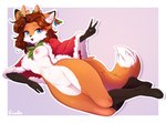 anthro blush breasts canid canine christmas christmas_clothing clothing ear_piercing ear_ring feather_ear_ring female fox fur genitals gesture hair hand_gesture hi_res holidays holly_(plant) mammal nipples nude open_mouth piercing plant pussy ring_piercing samantha_(syronck01) siwiko smile solo tail v_sign