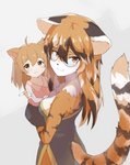 :< ahoge anthro black_clothing black_dress blonde_hair blush bottomwear breasts brown_body brown_fur brown_hair carrying_another clothed clothing colored_nails countershading dress duo eyewear female fluffy fully_clothed fur furgonomics glasses good_parenting hair high-angle_view humanoid_hands inner_ear_fluff kemono light_body light_skin long_hair looking_at_viewer medium_breasts monotone_hair multicolored_body multicolored_fur multicolored_hair multicolored_tail nails neck_tuft orange_body orange_fur orange_hair piggyfront shirt side_view simple_background skirt slim smile standing tail tail_through_skirt three-quarter_view topwear tuft white_body white_fur white_hair white_nails yellow_eyes young jalm arknights hypergryph studio_montagne waaifu_(arknights) animal_humanoid cat_humanoid felid felid_humanoid feline feline_humanoid humanoid hybrid mammal mammal_humanoid pantherine tiger daughter_(lore) mother_(lore) mother_and_child_(lore) mother_and_daughter_(lore) parent_(lore) parent_and_child_(lore) parent_and_daughter_(lore)