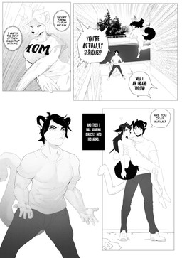 anthro bottomwear breasts brick_wall butt clothing dialogue female footwear hair heart_symbol holding_character male male/female nipples nude outside pants plant road shirt shoes short_hair standing tail text throwing_character topwear tree wall_(structure) corablue canid domestic_cat felid feline felis mammal comic digital_media_(artwork) english_text hi_res monochrome gynomorph_(lore)