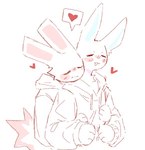 anthro blue_inner_ear blush blush_lines clothing duo fur heart_symbol hoodie hug hugging_another hugging_from_behind male pink_inner_ear romantic romantic_couple slim_anthro slim_male speech_bubble topwear white_body white_clothing white_fur white_hoodie white_topwear bunonthemoon lagomorph leporid mammal rabbit 2023