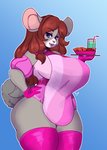 accessory anne_(tiratel) anthro beverage big_breasts blue_eyes bow_(feature) bow_accessory bow_ribbon breasts brown_hair chinchilla chinchillid clothed clothing curvy_figure female food fur geeflakes grey_body grey_fur hair hair_accessory hair_bow hair_ribbon hand_on_hip hi_res huge_breasts legwear long_hair looking_at_viewer mammal ribbons rodent solo thick_thighs thigh_highs voluptuous