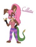 anthro big_breasts breasts brown_body brown_fur collette_(kendraeevee) eyewear female fur glasses hair long_hair long_ponytail pink_eyes pink_hair ponytail solo tail tan_body tan_fur kendratheshinyeevee hybrid lagomorph leporid mammal rabbit reptile scalie snake hi_res