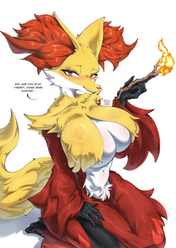anthro big_breasts blush breast_curtains breasts dialogue female female_anthro fire looking_at_viewer master nude sitting solo text ravmana nintendo pokemon delphox generation_6_pokemon pokemon_(species) broken_language english_text hi_res
