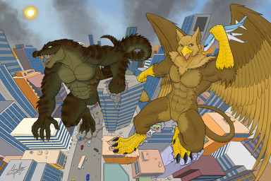 4_toes 5_fingers abs aircraft airplane anthro beak biceps biped brown_body building building_destruction city city_background city_crushing city_destruction cityscape claws destruction duo feathered_wings feathers feet finger_claws fingers green_body house jet landscape_dwarfing macro macro_anthro macro_male male muscular muscular_anthro muscular_male nude open_mouth outside paws pecs rampage sky stomping tail toe_claws toes vehicle vehicle_destruction wings growingdragon mythology carnak_(carpo) carpo avian crocodile crocodilian gryphon mythological_avian mythological_creature reptile scalie 3:2 colored hi_res