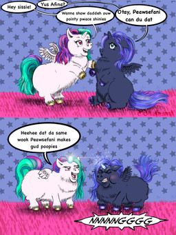 1_horn baby_talk black_horn black_wings blue_eyes blush concentration crotch_breasts dialogue duo eyelashes feathered_wings feathers female female_feral feral fur glowing glowing_horn gold_(metal) gold_hooves gums hair hooves horn multicolored_hair nipples open_mouth pattern_background pink_eyes pink_hair pink_tail purple_hair purple_hooves purple_tail raised_tail simple_background smile speech_bubble spiral_horn star-shaped_background star_polygon tail teal_hair teal_tail teeth text two_tone_hair white_body white_fur white_horn white_wings wings tjfluffnsnuff fluffy_pony mythology athena_(fluffy_pony) persephone_(fluffy_pony) equid equine fluffy_pony_(species) mammal mythological_creature mythological_equine winged_unicorn 2026 3:4 digital_media_(artwork) english_text hi_res shaded