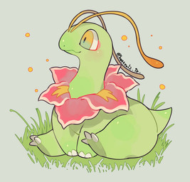 ambiguous_gender antennae_(anatomy) blush claws feral grass green_body plant simple_background sitting solo tail yellow_eyes batten12 nintendo pokemon elemental_creature flora_fauna generation_2_pokemon meganium pokemon_(species) 2025 signature