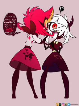 accessory arm_grab black_clothing black_dress bottomwear clothing dialogue dress duo fake_horns female freckled_face freckles gradient_sclera hair hair_accessory hairband hand_on_cheek hand_on_face horned_hairband interrobang not_furry orange_sclera poodle_skirt red_bottomwear red_clothing red_eyes red_hair red_skirt sharp_teeth shirt short_hair simple_background skirt teeth text thin_arms topwear torn_clothing torn_dress white_clothing white_hair white_shirt white_topwear yellow_teeth barryfactory hazbin_hotel hellaverse niffty_(hazbin_hotel) suzie_(barryfactory) cyclops demon humanoid 2020 3:4 absurd_res english_text hi_res