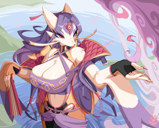 anthro big_breasts breasts claws clothed clothing ear_piercing ear_ring falling_leaves female fingerless_gloves fur gloves hair handwear jacket partially_submerged piercing plant purple_hair red_eyes ring ring_piercing solo tail tan_body tan_fur topwear tree water whiskers krampuscorner nintendo pokemon generation_5_pokemon mammal mienshao mustelid pokemon_(species) absurd_res digital_media_(artwork) hi_res