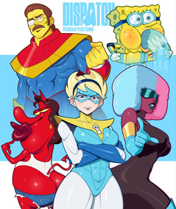4_fingers 5_fingers abs anthro armband blue_background blue_clothing blue_eyes blue_eyewear blue_gloves blue_goggles blue_handwear blue_lips blue_suit blue_sunglasses blue_text bottomwear brown_facial_hair brown_hair brown_mustache butt character_name_pun clothing cosplay crossed_arms crossover_cosplay denim denim_bottomwear denim_clothing denim_shorts eyewear facial_hair female finger_to_mouth fingers fist frown gesture glasses gloves goggles gold_armband hair hand_gesture handwear jeans lips logo looking_at_viewer male mouth_closed multicolored_hair muscular muscular_arms muscular_female muscular_male mustache pants pointing pointing_at_viewer red_body red_skin same_name scowl shirt shorts simple_background spade_tail suit sunglasses superhero superhero_costume tail tank_top text thick_lips topwear torn_bottomwear torn_clothing torn_jeans torn_pants water white_background white_clothing white_gloves white_handwear white_shirt white_tank_top white_topwear yellow_body yellow_eyes yellow_skin bigeyedtuna cartoon_network cow_and_chicken dispatch nickelodeon spongebob_squarepants steven_universe the_grim_adventures_of_billy_and_mandy the_simpsons blonde_blazer garnet_(steven_universe) malevola_gibb mandy_(tgaobam) ned_flanders phenomaman_(dispatch) prism_(dispatch) spongebob_squarepants_(character) the_red_guy waterboy_(dispatch) aquatic demon garnet_(gem_species) gem_(species) gem_fusion human humanoid mammal sea_sponge 2025 artist_name crossover digital_drawing_(artwork) digital_media_(artwork) english_description english_text hi_res
