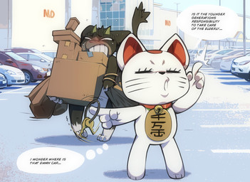 anthro biped box car collar container detailed_background dialogue duo eyelashes eyes_closed front_view holding_object inside speech_bubble standing text vehicle white_body mcfli dandadan turbo_granny_(dandadan) domestic_cat felid feline felis mammal english_text hi_res