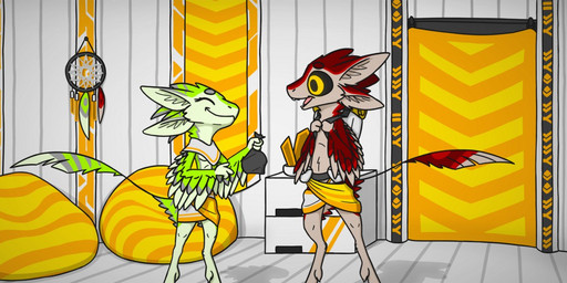 3_fingers 4_ears avalon_(avali_homeworld) backpack bag bean_bag biped black_sclera breasts clothed clothing drawer dreamcatcher duo eyes_closed feather_hair feathered_wings feathers female fingers fur furniture green_body green_feathers green_fur grey_markings happy holding_object inside male markings multi_ear open_mouth pink_tongue pseudo_hair red_body red_feathers red_fur red_markings romantic romantic_couple tan_body tan_feathers tan_fur teeth tongue under_boob white_clothing wings yellow_clothing yellow_eyes madkuzya alien avali avian