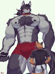 anthro bulge chest_tuft clothing duo fur male male/male muscular muscular_anthro muscular_male nipples pecs size_difference tuft underwear rosutoriano canid canine canis mammal wolf absurd_res hi_res