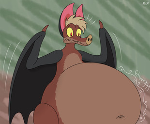 belly belly_expansion belly_inflation big_belly biped bipedal_feral brown_body brown_fur expansion fangs feral flapping_wings fur grey_ears grey_wings hair huge_belly hyper hyper_belly inflated_belly inflation leaf_nose lines_drawn male membrane_(anatomy) membranous_wings motion_lines multicolored_body multicolored_fur navel nervous pink_inner_ear red_eyes rumbling_stomach sloshing_belly snaggle_teeth snout solo sound_effects standing tan_belly tan_body tan_fur tan_hair teeth two_tone_body two_tone_fur wavy_mouth wide_eyed wings worried worried_face worried_look yellow_sclera pickanmix ferngully batty_koda bat mammal megabat 2024 colored digital_drawing_(artwork) digital_media_(artwork) flat_colors hi_res