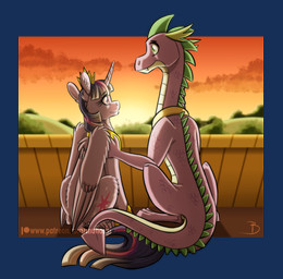 crown detailed_background duo feathered_wings feathers female feral gold_(metal) headgear horn jewelry male necklace quadruped size_difference sunset tail wings inuhoshi-to-darkpen friendship_is_magic hasbro my_little_pony mythology spike_(mlp) twilight_sparkle_(mlp) dragon equid equine mammal mythological_creature mythological_equine mythological_scalie scalie winged_unicorn alpha_channel