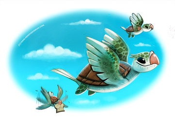 ambiguous_gender beady_eyes black_eyes bread cloud flying food green_body green_scales group humor outside pun scales simple_background sky visual_pun white_background white_body white_scales wings piper_thibodeau avian bird columbid dove hybrid reptile scalie turtle digital_media_(artwork) digital_painting_(artwork) painting_(artwork)