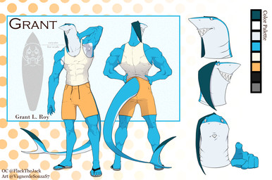 abs anthro athletic blue_body bottomwear clothed clothing fin fin_hair footwear hand_on_neck hands_on_hips male multicolored_body muscle_tone muscular pseudo_hair raised_arm sandals shark_teeth shirt shoes shorts smile solo standing tank_top text topwear two_tone_body white_body vagnerdesouzas7 grant_(wsad) aquatic blue_shark fish requiem_shark shark english_text hi_res model_sheet