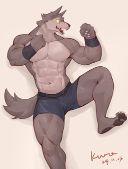 4_toes 5_fingers abs anthro barefoot biped black_bottomwear black_clothing black_pawpads black_shorts black_wraps blue_short bottomwear claws clothed clothed_anthro clothed_male clothing countershade_face countershade_neck countershade_torso countershading dot_pupils fangs feet fighting_pose finger_claws fingers fist fluffy fluffy_tail front_view furrowed_eyebrows head_turned looking_aside male multicolored_body multicolored_bottomwear multicolored_clothing multicolored_shorts muscular muscular_anthro muscular_male navel on_one_leg open_mouth pawpads pecs plantigrade pose pupils red_tongue shadow shorts shorts_only simple_background slit_pupils snout solo standing tail tan_background tan_body tan_countershading teeth text toe_claws toes tongue tongue_showing topless topless_anthro topless_male two_tone_body two_tone_bottomwear two_tone_clothing two_tone_shorts white_claws wraps wrist_wraps yellow_sclera kuromonsart canid mammal 2024 absurd_res artist_name colored dated digital_drawing_(artwork) digital_media_(artwork) english_text hi_res portrait three-quarter_portrait