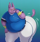 anthro baseball_uniform belly big_belly big_butt bleh butt clothing eyelid eyelid_pull eyelid_pull_taunt gesture making_faces male overweight overweight_anthro overweight_male purple_body shaking_butt small_tongue smug solo sportswear taunting thick_thighs tongue tongue_out uniform wide_hips yellow_eyes megacoolbear_(artist) dragon_ball dragon_ball_super champa alien domestic_cat felid feline felis mammal hi_res