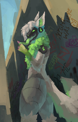 anthro city fluffy fur graffiti green_body green_eyes green_fur green_tongue hair long_tongue looking_at_viewer machine male nude outside sky smile solo tail tongue tongue_out white_body white_fur white_hair hilyasp protogen absurd_res hi_res