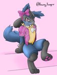 anthro blouse bow_(feature) canid canine chest_spike clothing femboy fluffy fluffy_ears generation_4_pokemon hair hi_res jewelry kraorozkurogane lucario luka_(lucario) male mammal necklace nintendo paws pink_background pokemon pokemon_(species) purple_eyes shirt simple_background sitting solo spikes spikes_(anatomy) star topwear