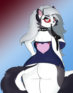 anthro back_boob big_breasts bottomless breasts butt clothed clothing collar dress fangs female gradient_background hair hand_on_hip long_hair long_tail looking_at_viewer panties panties_in_mouth rear_view simple_background smile solo spiked_collar spikes tail teeth underwear vf85 hellaverse helluva_boss mythology loona_(helluva_boss) canid canid_demon canine demon hellhound mammal mythological_canine mythological_creature absurd_res hi_res