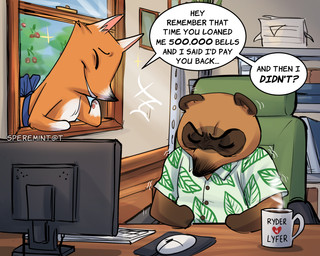 aloha_shirt angry anthro brown_body brown_fur chair clothing computer detailed_background dialogue duo electronics eyes_closed fur furniture male pattern_clothing pattern_shirt pattern_topwear shirt sitting slightly_chubby speech_bubble text topwear window speremint animal_crossing nintendo crazy_redd tom_nook_(animal_crossing) canid canine fox mammal raccoon_dog tanuki 2020 5:4 comic english_text hi_res signature